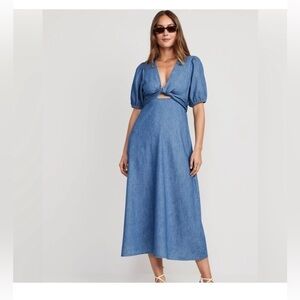 Blue Denim Chambray Twist Front Puff Sleeve Dress